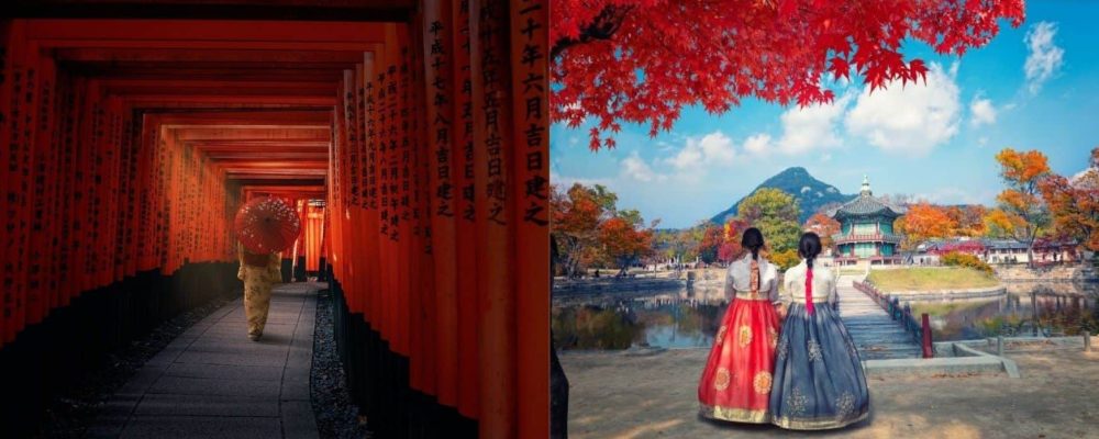 Japonaise et coréennes Japonaise avec son ombrelle marchant sous des toriis et deux coréennes en hanbok admirant un palais à Séoul