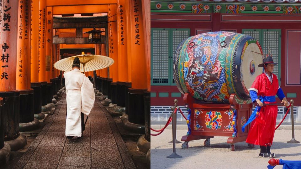 Homme en kimono avec ombrelle marchant sous des torii oranges et gardien de palais coréen devant une cloche